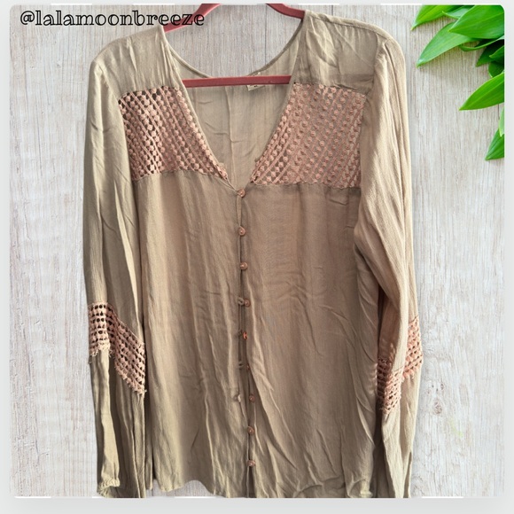 Tan V-Neck Bishop Sleeve Button Down Shirt - Picture 2 of 5